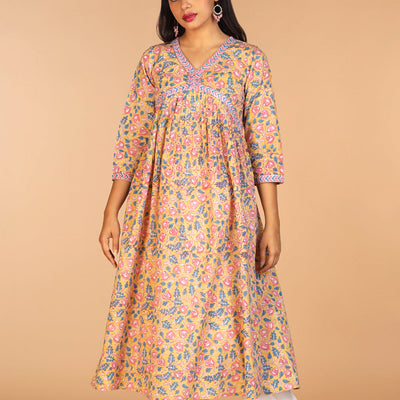 Floral Sanganeri hand block printed cotton Kurta