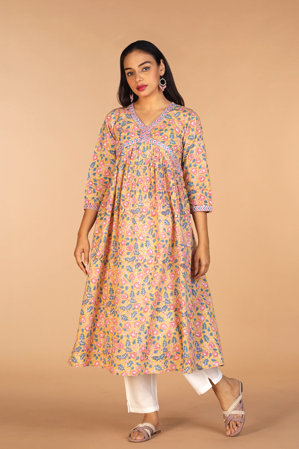 Floral Sanganeri hand block printed cotton Kurta