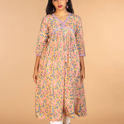 Floral Sanganeri hand block printed cotton Kurta