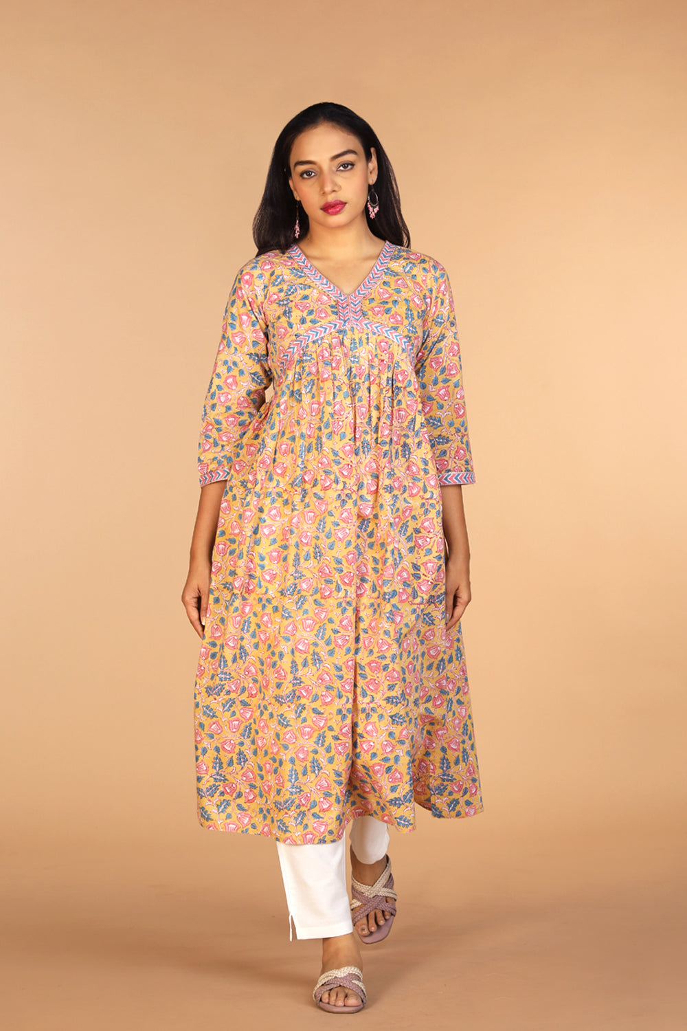 Floral Sanganeri hand block printed cotton Kurta