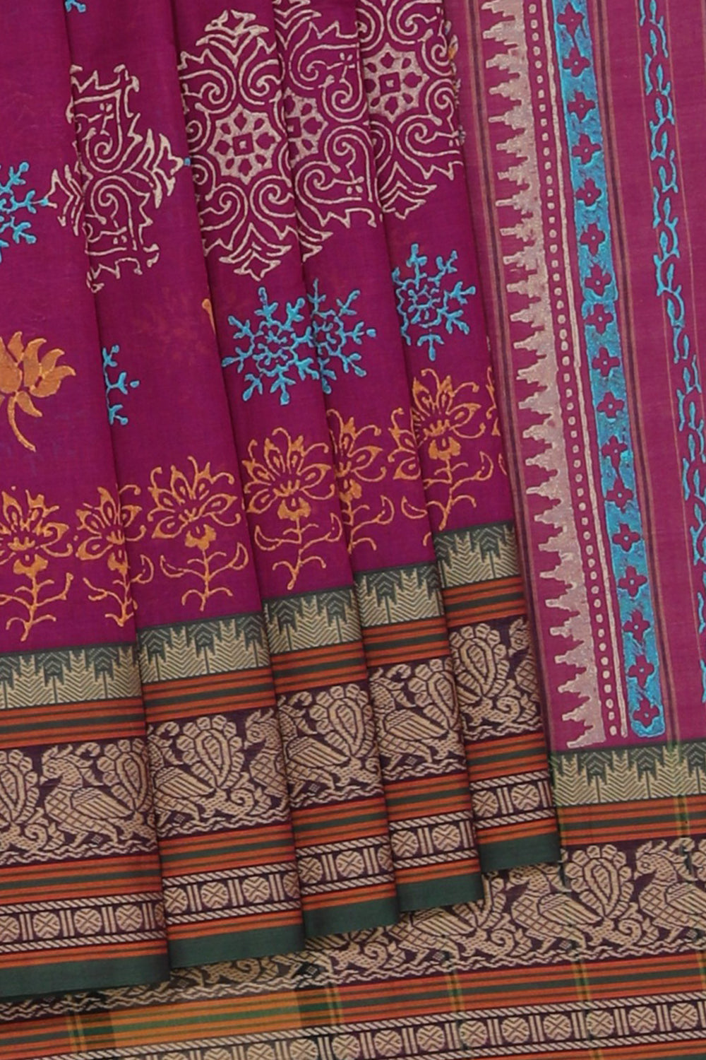 Hand block printed cotton saree