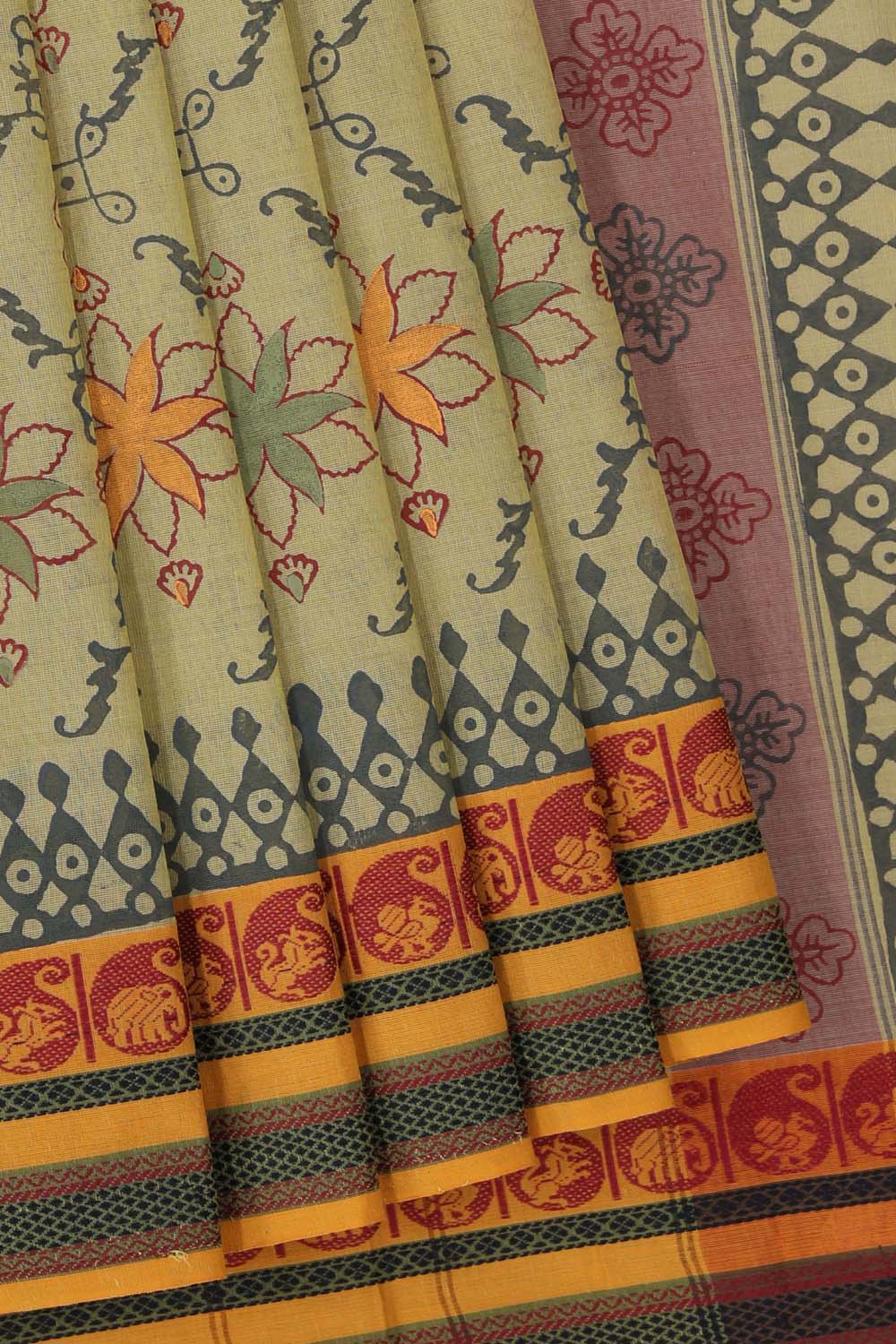 Hand block printed cotton saree