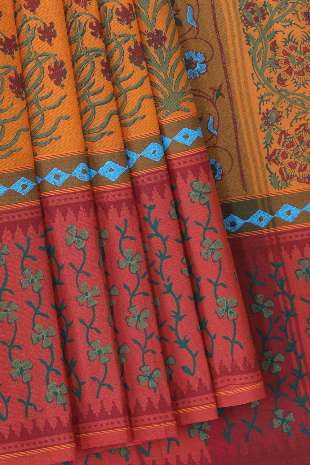Hand block printed cotton saree