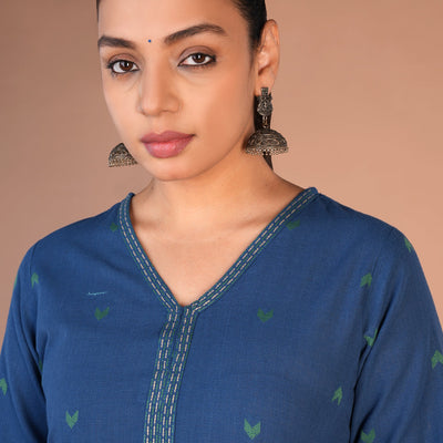 Indigo blue woven cotton Kurta and pants set