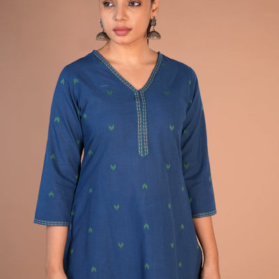 Indigo blue woven cotton Kurta and pants set