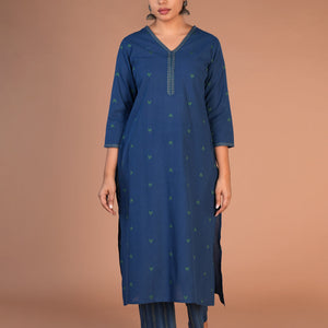 Indigo blue woven cotton Kurta and pants set