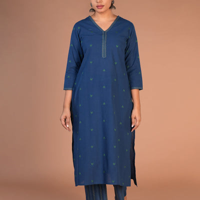 Indigo blue woven cotton Kurta and pants set