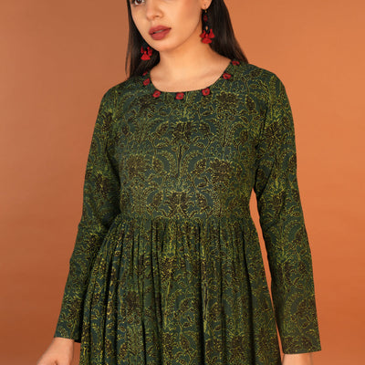 Forest green Ajrak handblock printed long ethnic dress