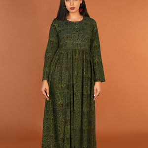 Forest green Ajrak handblock printed long ethnic dress