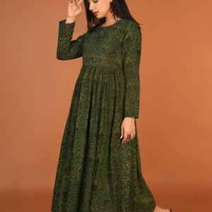 Forest green Ajrak handblock printed long ethnic dress