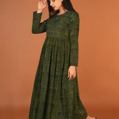 Forest green Ajrak handblock printed long ethnic dress