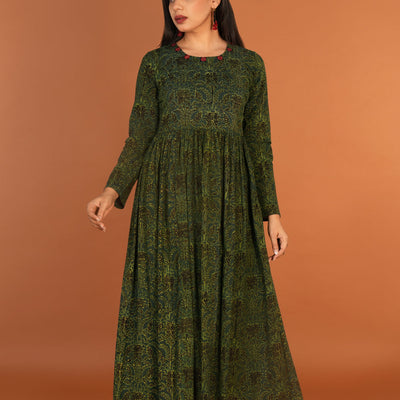 Forest green Ajrak handblock printed long ethnic dress
