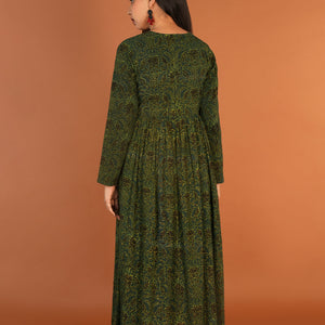 Forest green Ajrak handblock printed long ethnic dress