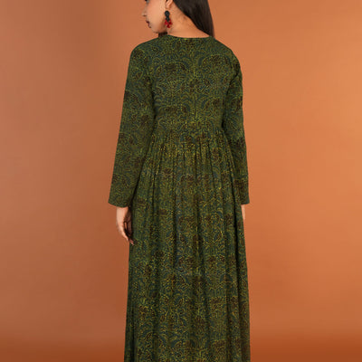 Forest green Ajrak handblock printed long ethnic dress