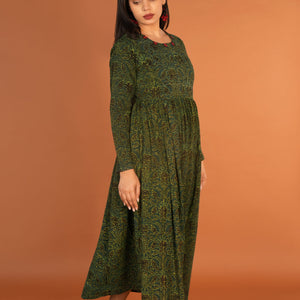 Forest green Ajrak handblock printed long ethnic dress