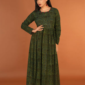 Forest green Ajrak handblock printed long ethnic dress