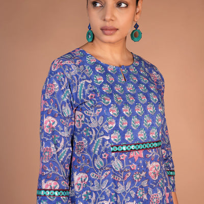 Floral block printed kurta, pants and dupatta set
