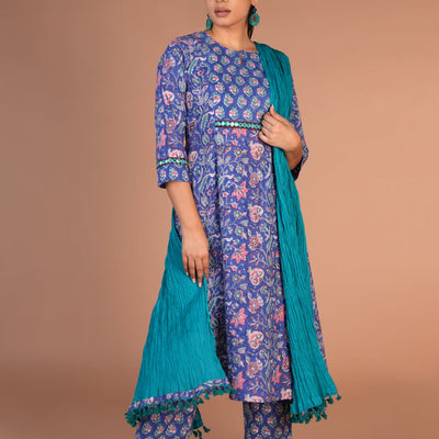 Floral block printed kurta, pants and dupatta set