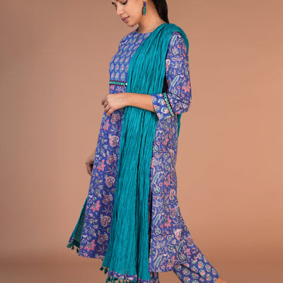Floral block printed kurta, pants and dupatta set