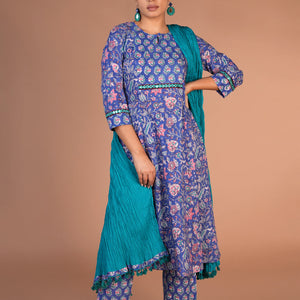 Floral block printed kurta, pants and dupatta set