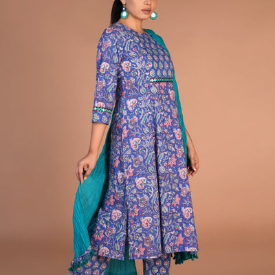 Floral block printed kurta, pants and dupatta set