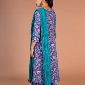 Floral block printed kurta, pants and dupatta set