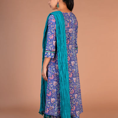 Floral block printed kurta, pants and dupatta set