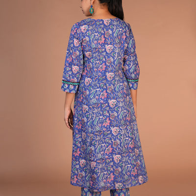 Floral block printed kurta, pants and dupatta set