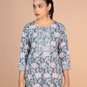 Floral Sanganeri handblock printed cotton Kurti