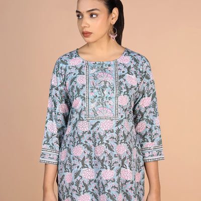 Floral Sanganeri handblock printed cotton Kurti