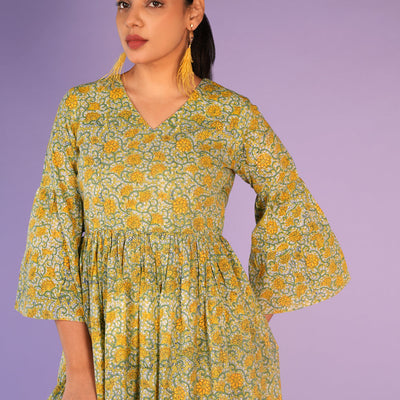 Floral pista green Sanganeri handblock printed kurti