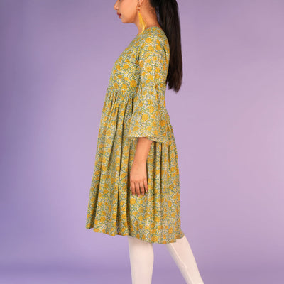 Floral pista green Sanganeri handblock printed kurti