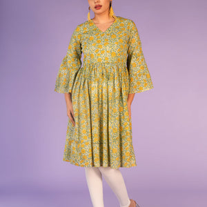 Floral pista green Sanganeri handblock printed kurti