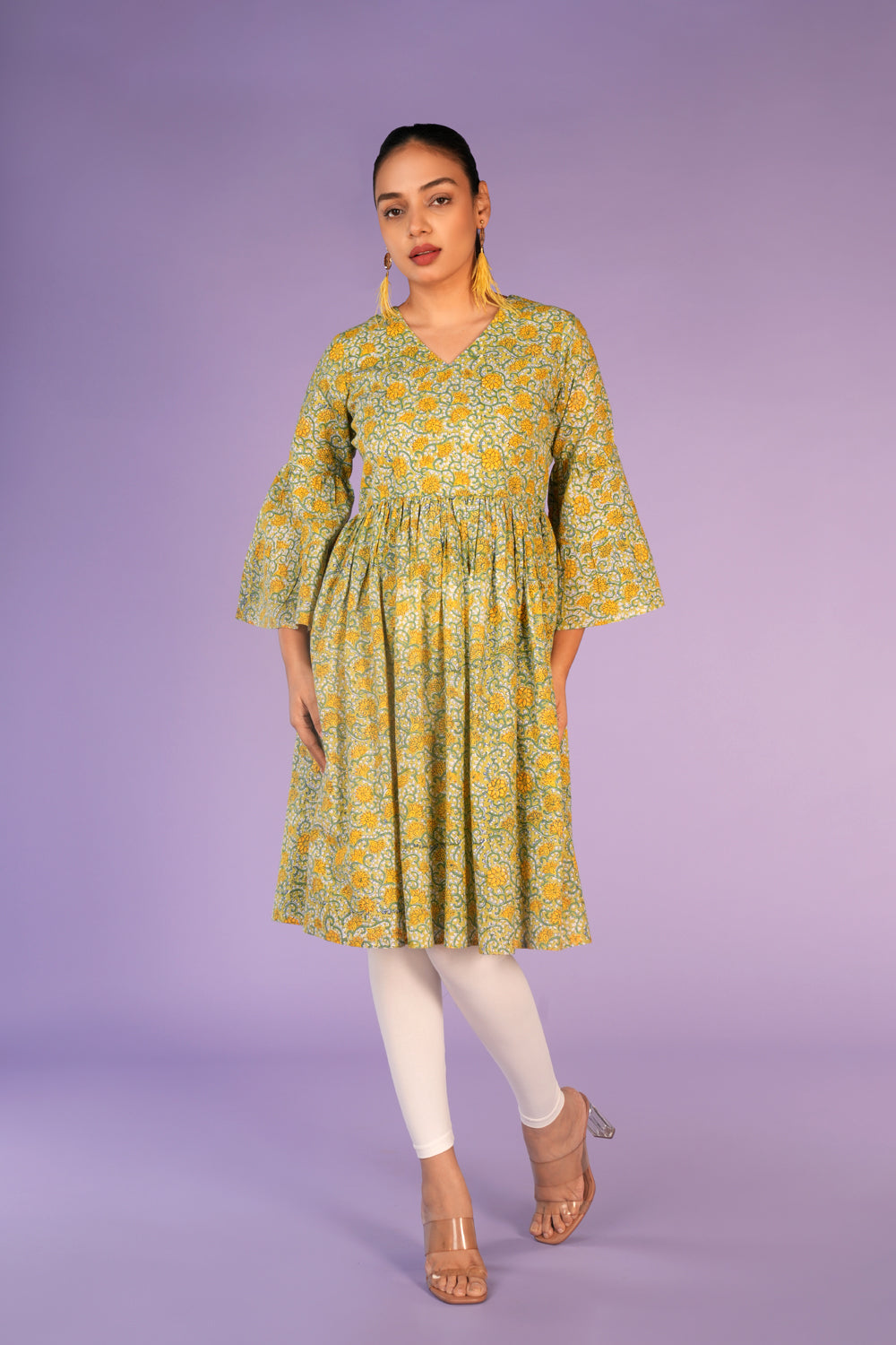 Floral pista green Sanganeri handblock printed kurti
