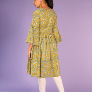 Floral pista green Sanganeri handblock printed kurti