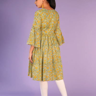 Floral pista green Sanganeri handblock printed kurti