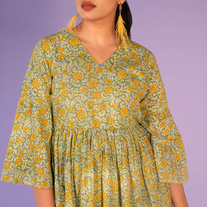 Floral pista green Sanganeri handblock printed kurti