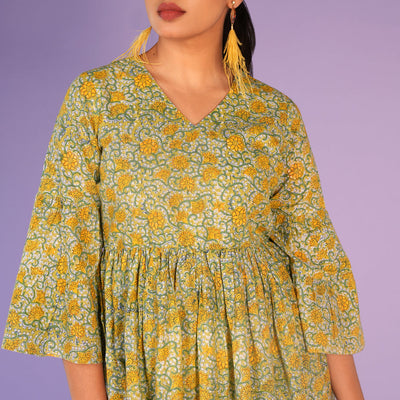 Floral pista green Sanganeri handblock printed kurti