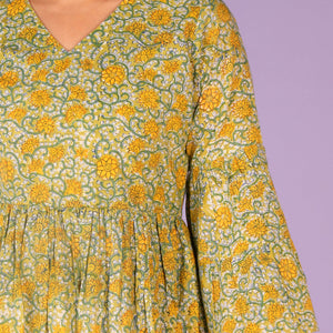 Floral pista green Sanganeri handblock printed kurti