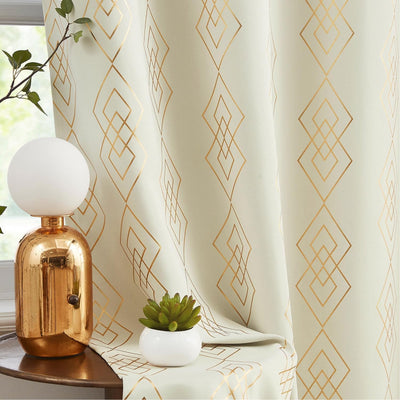 Gold Foil Printed 80-85% Blackout Curtains - Pack of 1 - Diamond - Beige
