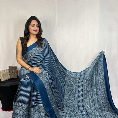 Modal Silk Authentic Hand Blocked Ajrakh work Saree