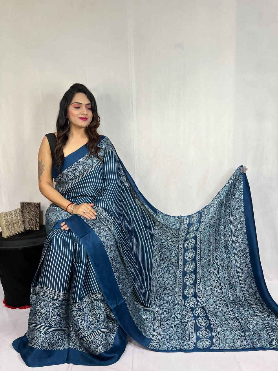 Modal Silk Authentic Hand Blocked Ajrakh work Saree