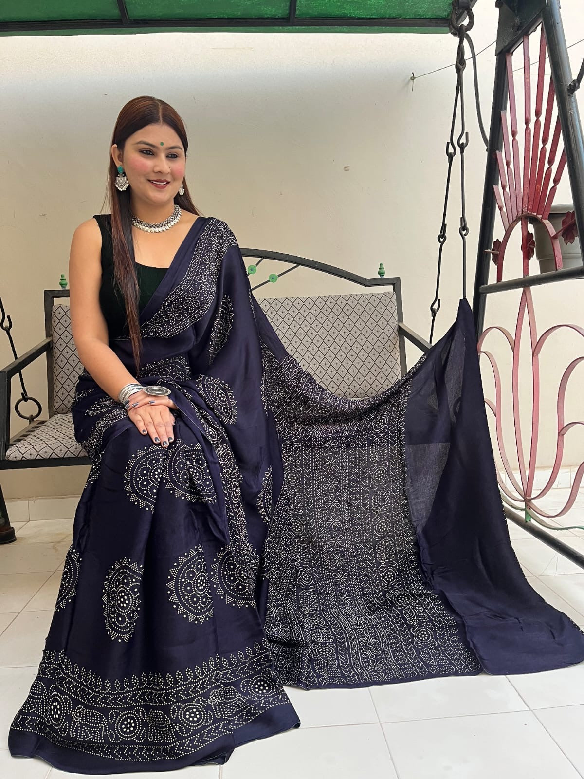 Modal Silk Ajrakh Print Premium Saree