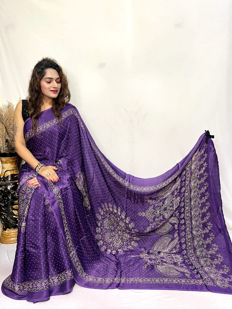 Modal Silk Ajrakh Bandhani Print Silk Saree