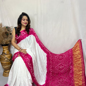 Heavy Ghazi Silk White Concept Bandhani Saree