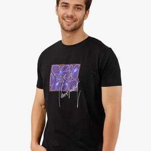 Rare Rabbit Men's Fulton Black Crew Neck Abstract Graphic Print With Branding Half Sleeves Regular Fit T-Shirt
