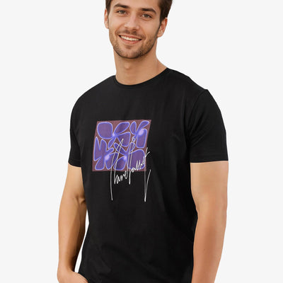 Rare Rabbit Men's Fulton Black Crew Neck Abstract Graphic Print With Branding Half Sleeves Regular Fit T-Shirt