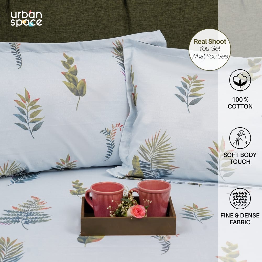 Serene Collection - Breathable 200 TC 100% Pure Cotton Single Bedsheet with Pillow Cover, Fall Leaves - Blue
