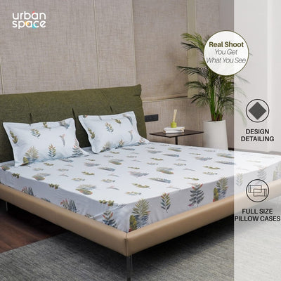 Serene Collection - Breathable 200 TC 100% Pure Cotton Single Bedsheet with Pillow Cover, Fall Leaves - Blue