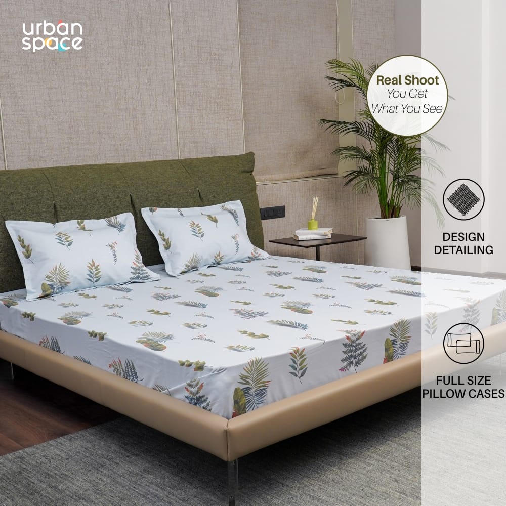 Serene Collection - Breathable 200 TC 100% Pure Cotton Single Bedsheet with Pillow Cover, Fall Leaves - Blue